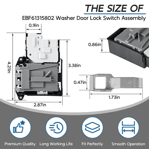 Washer Door Lock Switch Assembly Replacement For LG Front Load Washers EBF61315802 Compatible With WM3670HVA WM3670HWA WM3700HWA WM3080CW WM3770HVA Plus More, Easy Install, Durable Interlock For Safe, Efficient Wash Cycles. Size diagram