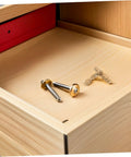 Hidden Brass Barrel Hinges With Smooth Noisefree Action for Jewelry Boxes and Keepsake Chests inside a wooden drawer.
