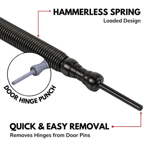 No Sweat Door Hinge Pin Remover And Install Set With Heavy Duty Steel Face Hammer And Smooth Operator Dual Tip Spring Punch close-up of door hinge punch with a hammerless spring design.