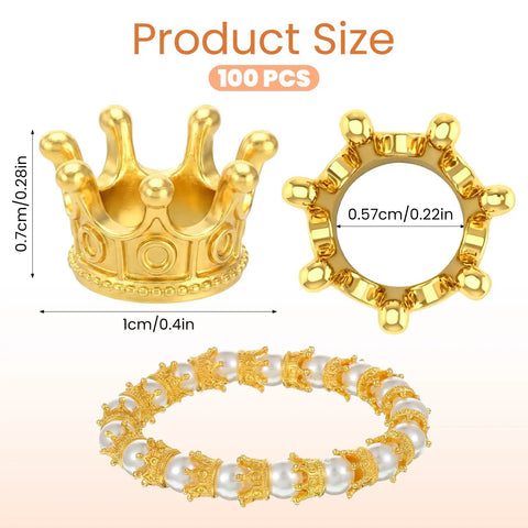 Gold Mini Crown Charms 100 Pieces, 3D Vintage Alloy Queen King Crowns Beads With Large Hole, shown with size dimensions and bracelet application.