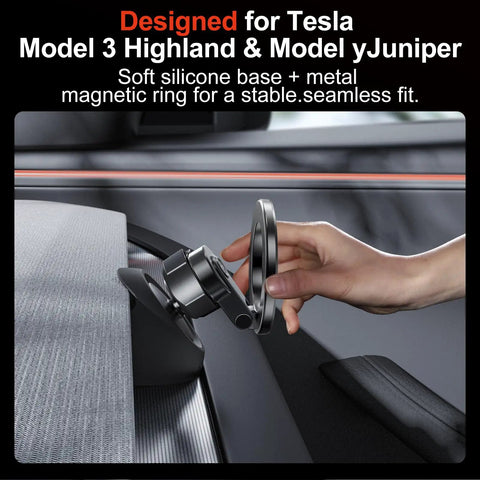 Magnetic Phone Mount For Tesla Model 3 Highland And Model Y Juniper – 360 Degree Rotating Dashboard Mount installed on dashboard