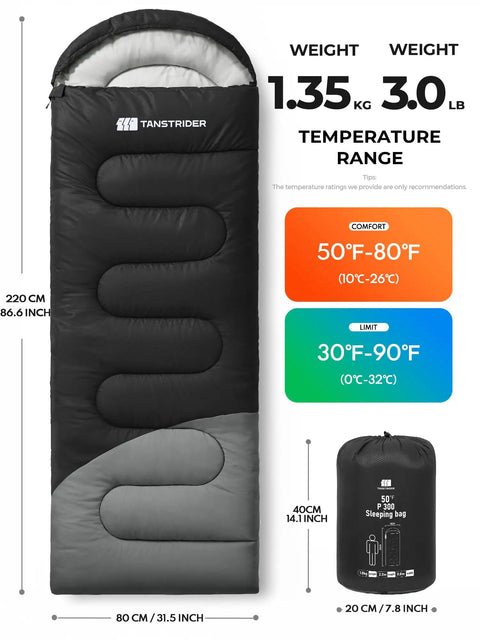 Lightweight 3lb Backpacking Sleeping Bag For Adults And Kids With Compression Sack displayed with temperature range and dimensions.