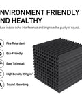 Stack of black 52 Pack Acoustic Foam Panels For Soundproofing 1 Inch Thick 12 By 12 Inch Squares With Triangular Groove Design
