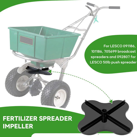 Heavy-Duty Fertilizer Spreader Impeller For Stand-On 125-Pound Spreader Wobble-Free Reinforced N2320 Replacement With Vertical Rib Design For Precise Long-Lasting Fertilizer Distribution shown on a green LESCO spreader.