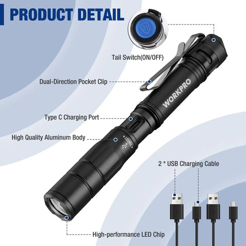 Rechargeable Mini Pen Light 2 Pack Ultra Compact EDC Flashlight With Clip Memory Function Includes USB C Cables Charging 300 Lumens 196 Feet Beam Pocket Size Everyday Carry Ready Black close-up showing features.