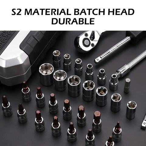 53 Piece Metric Motorcycle Tool Kit with One Quarter Inch Mini Ratchet Set includes sockets, hex keys, and bits