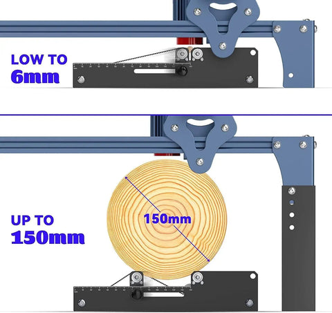 Plug And Play Laser Rotary Roller For Y Axis Engravers, 360 Degree Rotating Cylinder Attachment showing adjustable width from 6mm to 150mm.
