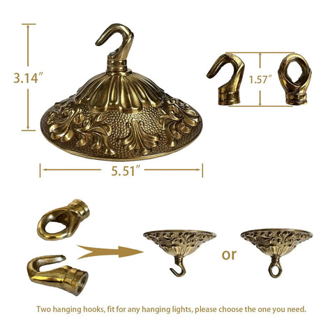 5.51 Inch Copper Canopy Kit With Mounting Hardware Built To Last, Heavy Duty Ceiling Light Cover Plate With Antique Bronze Finish, Perfect For Pendant Lights And Chandelier Conversions, Hooks Included showing dimensions and components.