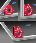 Spurtar welding magnets, red square holder, 50 lb each, 4 pcs, 45°/90°/135° angles
Spurtar welding magnets, side view, red square holder, 50 lb each, 4 pcs, 90° angle
Spurtar welding magnets mounted on metal frame, red holder at 135° angle, 4 magnets
