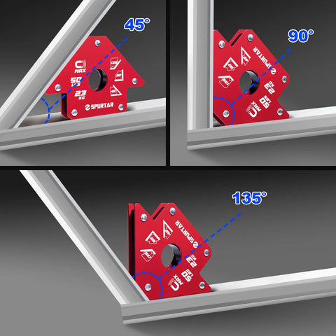 Spurtar welding magnets, red square holder, 50 lb each, 4 pcs, 45°/90°/135° angles
Spurtar welding magnets, side view, red square holder, 50 lb each, 4 pcs, 90° angle
Spurtar welding magnets mounted on metal frame, red holder at 135° angle, 4 magnets