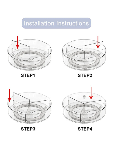 Installation instructions for Super Sleek 11 Inch Lazy Susan Turntable With Three Divided Trays for easy setup.