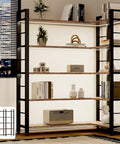 Sixty Five X Fifty L Shaped Bookshelf With Five Tier LED Accent Lighting Ten Spacious Open Compartments Adjustable Leveling Feet visible in a home office setting.