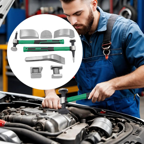 Mechanic using 9 Piece Auto Body Repair Tools Set With Fender Hammer And Dolly For Dent Removal Door Dings And Sheet Metal Repair