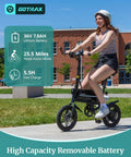 Person riding Nano 14-Inch Folding Electric Bike With 350W Motor 15.5 Mph Top Speed 25 Mile Pedal Assist Range in park.