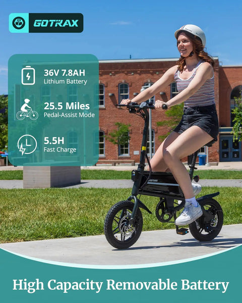 Person riding Nano 14-Inch Folding Electric Bike With 350W Motor 15.5 Mph Top Speed 25 Mile Pedal Assist Range in park.