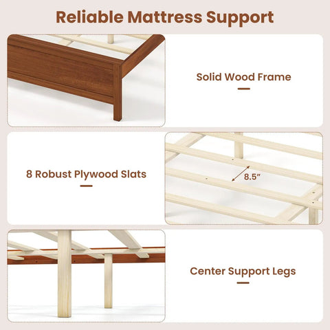 King Size Wooden Bed Frame With Cozy Upholstered Headboard And Rock Solid Thick Wood Slat Support For Legit Bedroom Vibes And Reliable Comfort All Night Long, showing solid wood frame and center support legs.