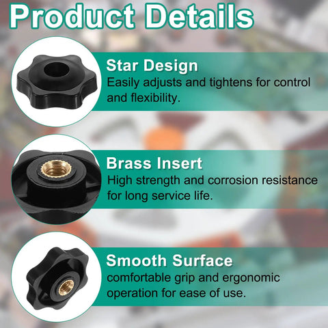 Product details of Star Knob Set M6 Thread 32mm Plastic Head Through Hole Hand Knobs For Jigs And Clamps 20 Pieces Black And White