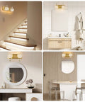 Two Light Brushed Gold Vanity Light Fixtures For Bathroom Over Mirror With Crystal Orb Shades installed in various settings