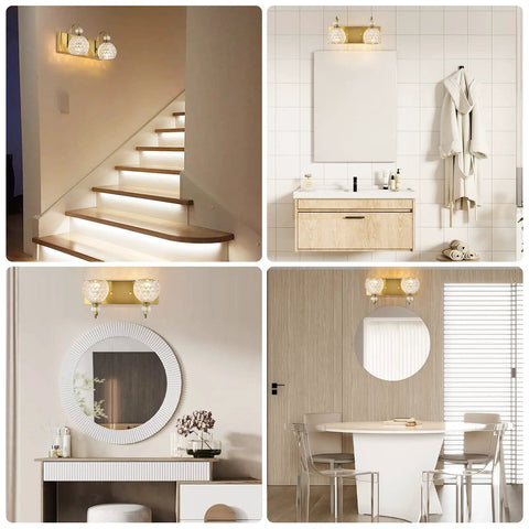 Two Light Brushed Gold Vanity Light Fixtures For Bathroom Over Mirror With Crystal Orb Shades installed in various settings