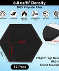 12 Pack Hexagon Acoustic Foam Panels Self Adhesive Sound Proof Wall Tiles High Density Noise Reducing Decor For Gaming Rooms Studios And Home Theaters Kill The Reverb And Get Your Game On, showing dimensions and material details.