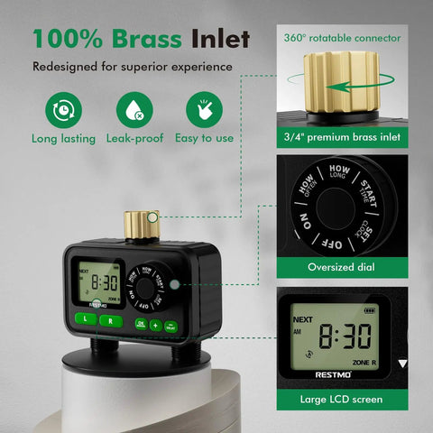 Image of a two zone sprinkler timer for outdoor hose faucet with brass inlet and large dial, showing LCD screen and connector details.