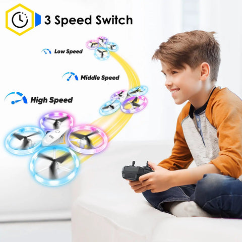 Boy playing with Kids RC Drone With LED Lights For Beginners Indoor Outdoor Mini Quadcopter with 3 speed options for birthday fun