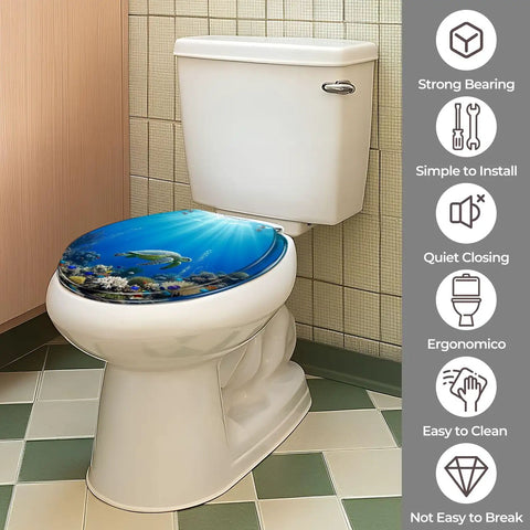 Round Resin Quiet Close Toilet Seat Cover for Bathroom on a toilet with ocean-themed design, perfect for modern bathrooms.