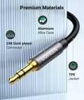 Close-up of Premium 3.5 Mm Aux Extension Cable Three Pole Trs Headphone Extender Cord 3.3 Feet with gold-plated connector.