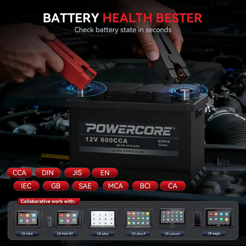 BT900 Wireless Bluetooth Battery Tester Clip For Cars Trucks Motorcycles ATVs SUVs Boats And Yachts 100-2000 CCA Load 9V-30V Range Battery Health Cranking And Charging Tests With Kickass Bluetooth Readouts on a 12V car battery