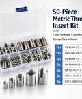 50 Piece Self Tapping Thread Inserts Kit In 303 Stainless Steel, Metric Slotted Threaded Inserts M3 To M16, with storage case