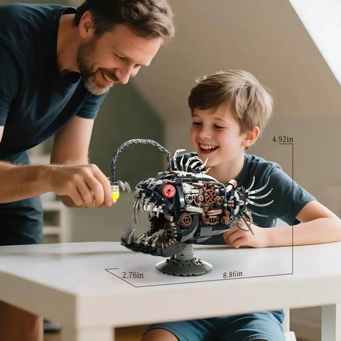 Anglerfish Mechanical Lantern Build Kit For Ocean Lovers Lego Compatible Sea Creature DIY Bricks Set With Steampunk Details Perfect Office Or Home Decor For Adults 1038 Pieces STEM Gift For Ages Eight To Sixteen And Up, father and child building
