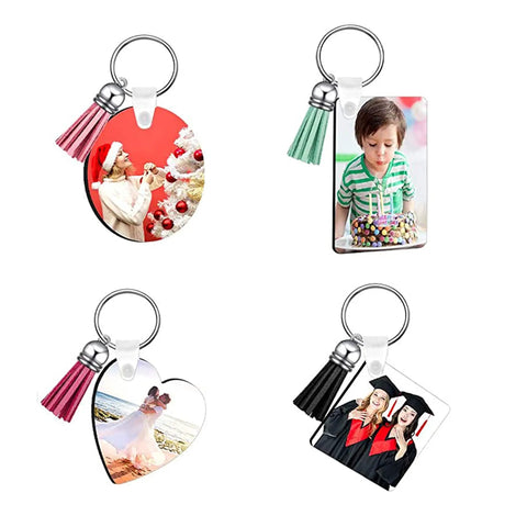 DIY Sublimation Keychains Set Double-Sided Heat Transfer Blanks, 50 Pieces in 5 Shapes, with personalized images and tassels