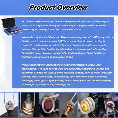 Pro Grade Induction Bolt Heater Kit 1800W Handheld Nut Warmer view showcasing induction coils and tool parts for auto repair.