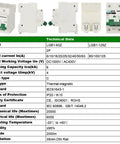Image showing Heavy Duty Solar Disconnect Switch Rated For 125 Amps And 1000V DC with technical data table and specifications.