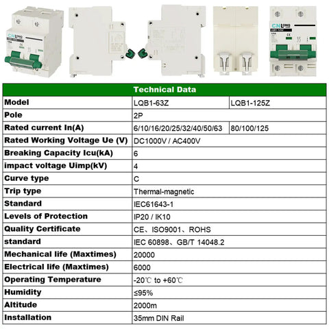 Image showing Heavy Duty Solar Disconnect Switch Rated For 125 Amps And 1000V DC with technical data table and specifications.