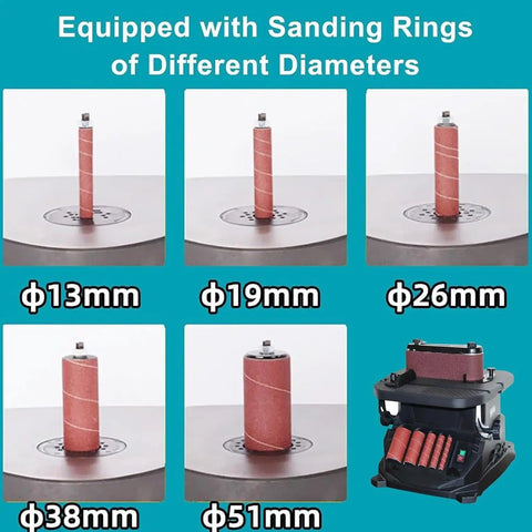 Beast Mode Vertical Oscillating Spindle And Belt Sander Combo For Woodworking Shops With Tilting Table and assorted sanding sleeves of various diameters.