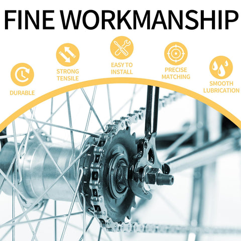 Close-up of bike gear and chain with text highlighting features from Six Seven Eight Speed Bike Chain Kit With 116 Links, Chain Breaker.