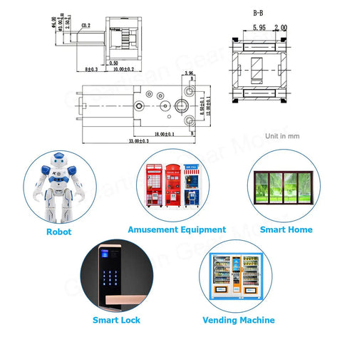 Diagram of DC 12V 27RPM Worm Gear Motor with Metal Gearbox, applications in robotics, amusement equipment, smart home, smart lock, vending machine.