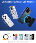 Two phone cases with magnetic rings for easy mounting, compatible with all smartphones, showcasing various designs.