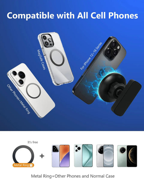 Two phone cases with magnetic rings for easy mounting, compatible with all smartphones, showcasing various designs.