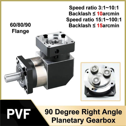 Bulletproof 90 Degree Right Angle Planetary Gearbox With Step Down Speed Reducer And Ultra Tight 10 Arcmin Backlash, black and silver gear mechanism.