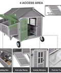 68 Inch Mobile Chicken Coop On Wheels For 8 To 12 Chickens, Wooden Hen House with 4 Access Areas, Nesting Box, and Pull-Out Tray.