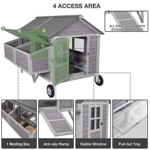 68 Inch Mobile Chicken Coop On Wheels For 8 To 12 Chickens, Wooden Hen House with 4 Access Areas, Nesting Box, and Pull-Out Tray.