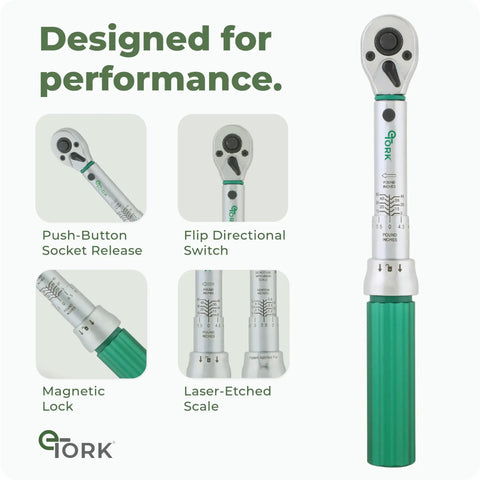 One Quarter Inch Drive Torque Wrench With Magnetic Locking System, Dual Scale Inch Pound And Newton Meter Readouts, 5 To 50 Inch Pound Or 0.6 To 5.6 Nm, Pro Grade Digital Precision For Automotive And DIYers, green handle