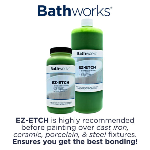 Two bottles of Bathworks EZ-Etch for preparation of cast iron, ceramic, porcelain, and steel surfaces before refinishing.