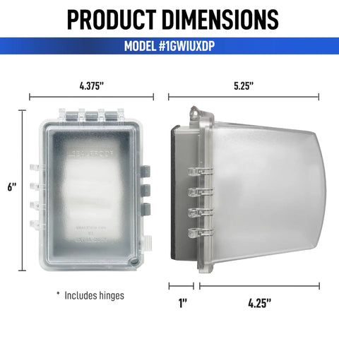 Image of 1-Gang Weatherproof Outdoor Outlet With Extra Deep 5 1/4 Inch Lockable Cover dimensions, showing 6x4.375x5.25 inches
