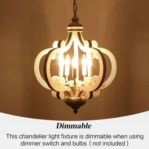 White French Country Five Light Chandelier With Antique Distressed Wood Cozy Farmhouse Rustic Pendant Light glowing in dimmable setting