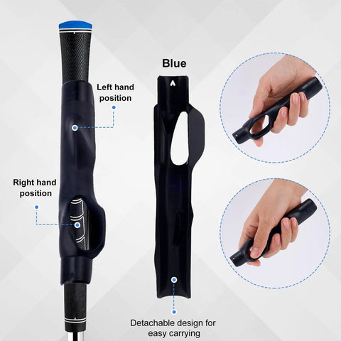 Golf Grip Trainer Attachment And Swing Correcting Arm Band For Righties And Lefties A Handy Training Aid To Improve Hand Positioning Swing Mechanics Muscle Memory And Daily Practice Warmups, showing detachable design and hand positions.