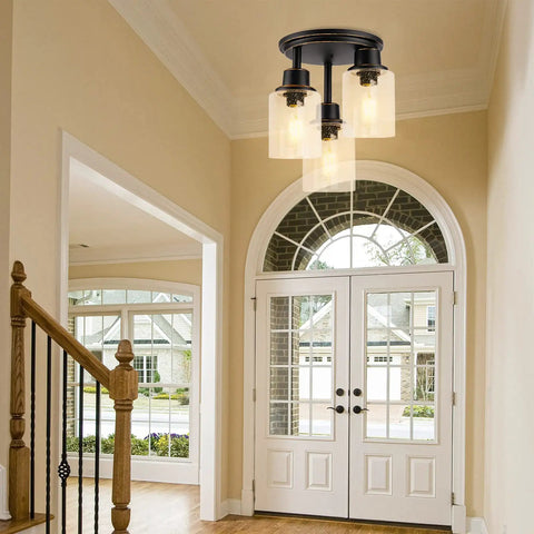 Entryway with Three Light Semi Flush Mount Ceiling Light With Vintage Oil Rubbed Bronze Finish And Clear Seeded Glass Shades