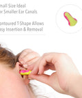 Person inserting Laser Lite High Visibility Disposable Foam Earplugs With Self-Adjusting Fit, NRR 32 Noise Reduction, Vibrant Yellow Color